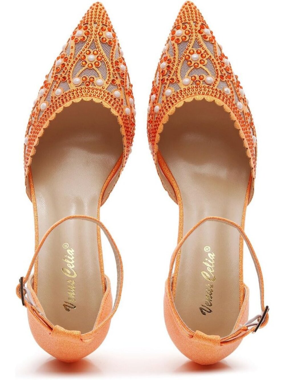 Women's Orange Platform Shining Lady Slingback Pump Shoe With Ankle Buckle - Picture 6 of 6